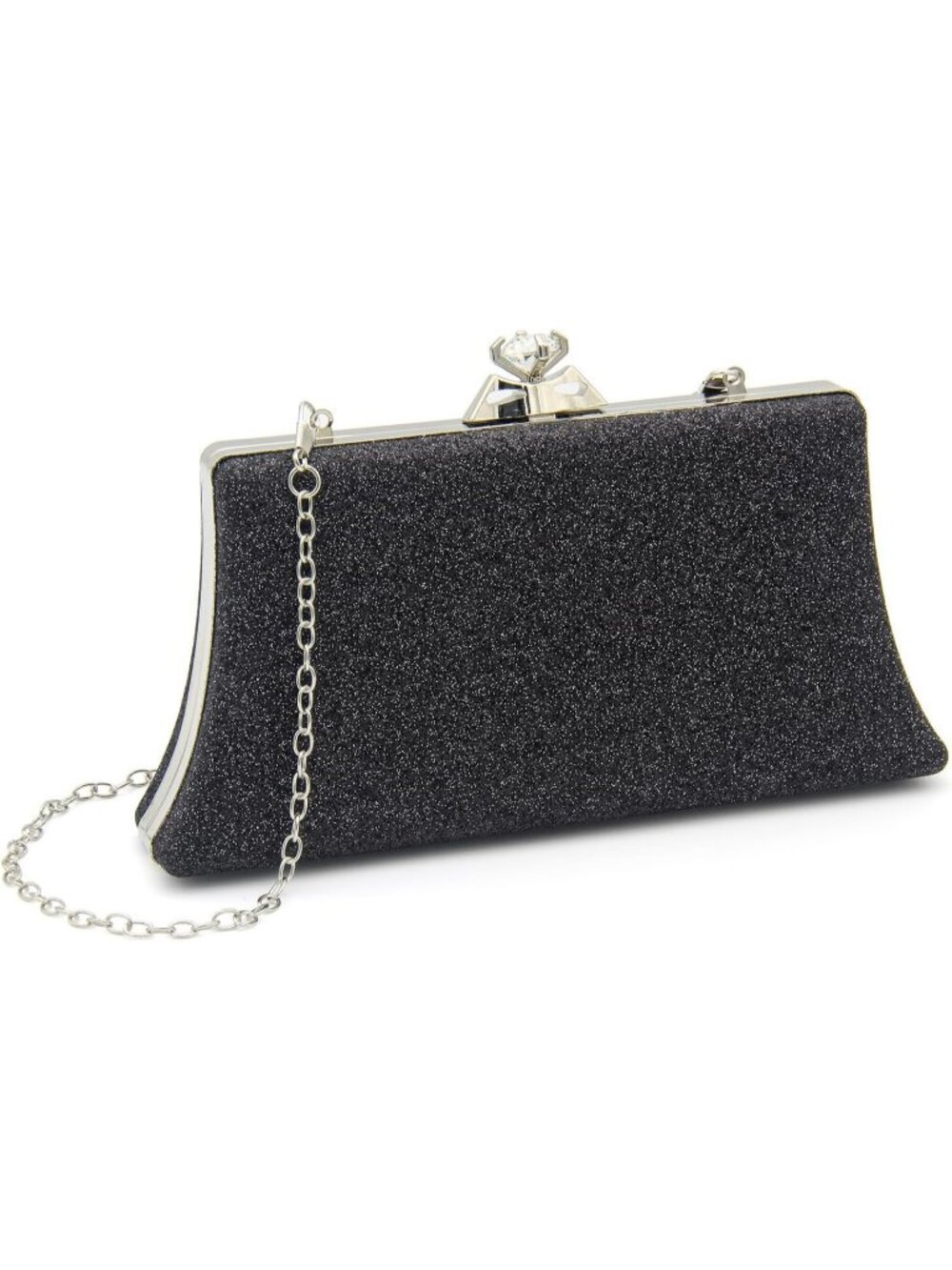 Women's Black Sparkling Pleated Silver V Trim Envelope Chain Evening Bag Clutch